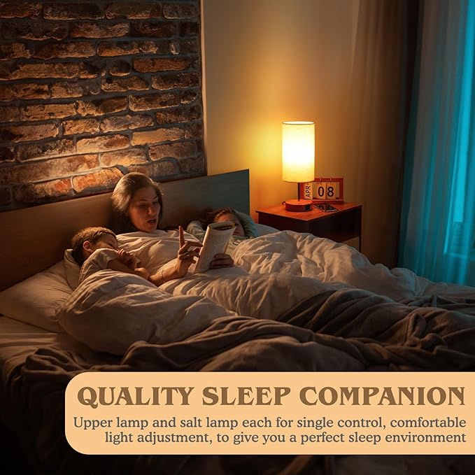 Bedside Table Lamp for Bedroom - 4 Way Dimmable Touch With USB and Type-C Charge Port, Small Wood Base Round Flaxen Fabric Shade for Living Room (Yellow Color Base) - Bloomnest