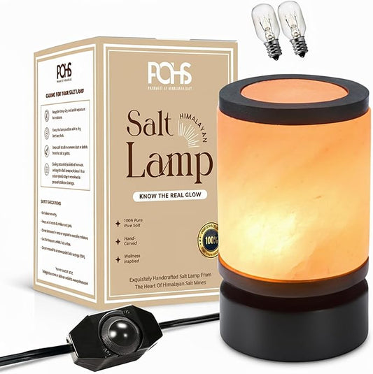 POHS Himalayan Pink Salt Round Lamp with Premium Black Polished Wooden Base, 60'' Long Dimmer Switch Cord and Two Light Bulbs; Hand Crafted,for Home, Office and Gift for Christmas