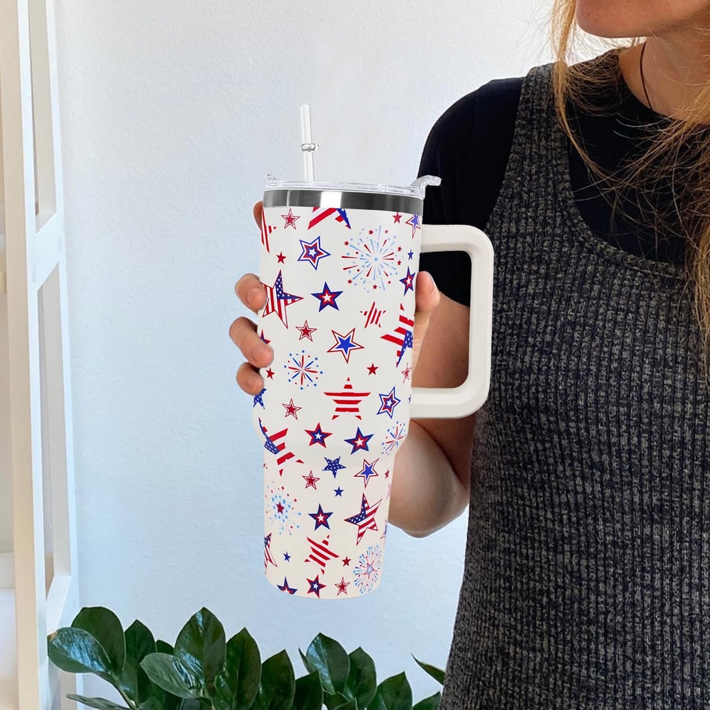 Ceovfoi 40 Oz 4th of July Tumbler With Handle and Straw,Patriotic Coffee Travel Mug Cup Water Bottle,American Flag Decor,Patriotic Military Gifts For Veterans, Police