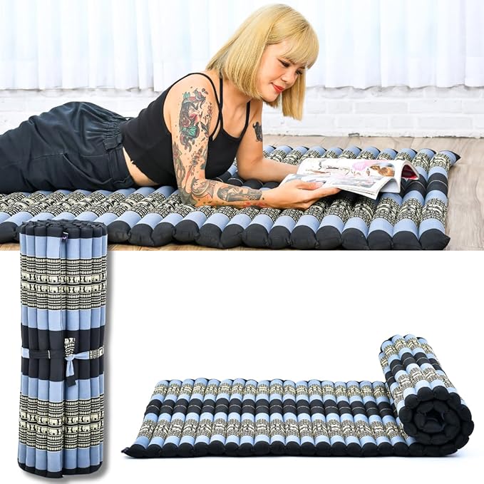 Leewadee - Foldable Floor Mattress - Japanese Roll Up Futon -Trifold Tatami Mat- Guest Floor Bed - Camping Mattress - Thai Massage Mat, Kapok Filled, 75 x 39 inches, Blue - Bloomnest