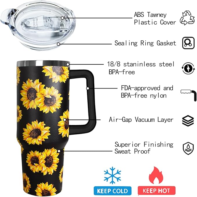 Ceovfoi Sunflower 40 oz Insulated Stainless Steel Tumbler with Handle and Straw - Bloomnest