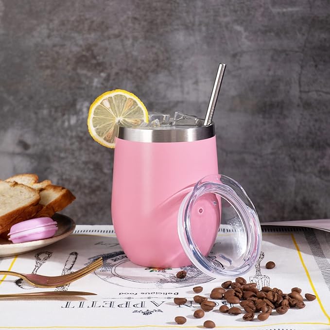 12 oz Insulated Wine Tumbler with Lid and Straw,Stainless Steel Stemless Wine Tumbler Glasses Double Wall Vacuum Wine Cups Tumbler Bulk for Coffee,Champaign,Cocktail,Office(Pink,8) - Bloomnest