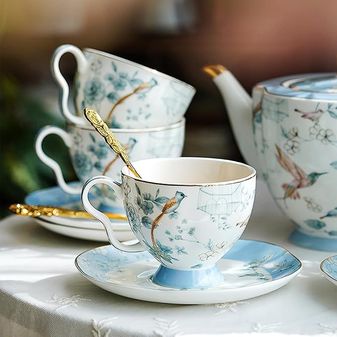 Bone China Tea Set, Porcelain Tea Sets for Adults, Blue and White Bone China Tea Cup Set for 6, Vintage Tea Sets for Women Tea Party - Bloomnest