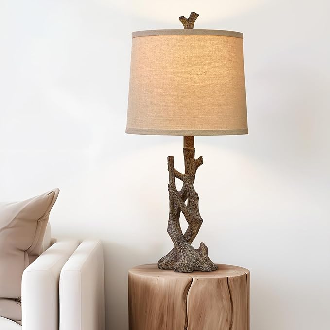 OYEARS 23" Rustic Farmhouse Table Lamp Country Cottage Lamps for Nightstand Tree Trunk Wood Grain Lamp for Bedroom Living Room with Oatmeal Fabric Round Shade Resin Bedside Lamp - Bloomnest