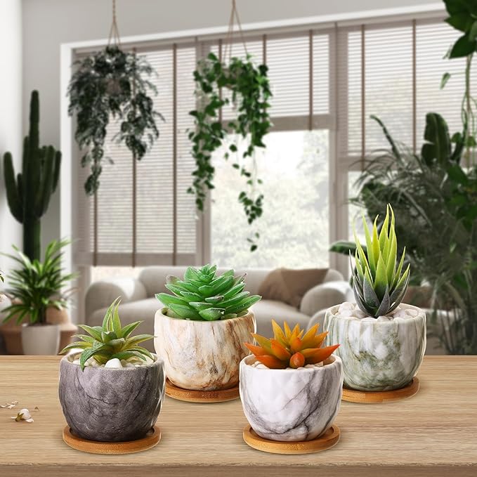 Marbling Ceramic Flower Pot 3.35 Inch Succulent Small Plant Cactus Herbs Planter Ceramic Pot with Drainage Hole Matte Round Container(4 Pcs,Modern Style) - Bloomnest