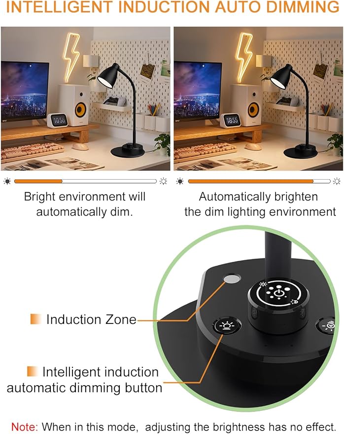 BOHON LED Desk Lamp with USB Charging Port 3 Color Modes Dimmable Reading Light Intelligent Induction Auto Dimming Task Lamp Flexible Gooseneck Table Lamp for Bedside Office, AC Adapter Include - Bloomnest