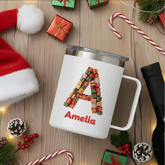Personalized Christmas Mug with Name, 12oz Insulated Coffee Tumbler with Handle, Custom Present Initial Cup, Festive Holiday Xmas Gift for Women, Her (B06) - Bloomnest