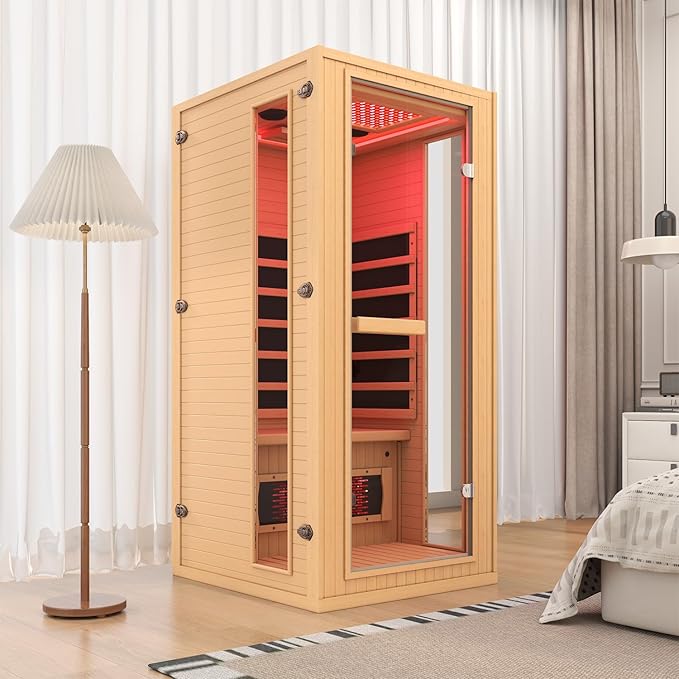 1 Person Infrared Sauna with Red Light Therapy, Full Spectrum Sauna for Home, Indoor Dry Saunas with Rapid Heating 4 Carbon Panels and 1 Carbon Tube, Oxygen Bar and 7 Color Therapy Lights, 110V BNEHSDirect
