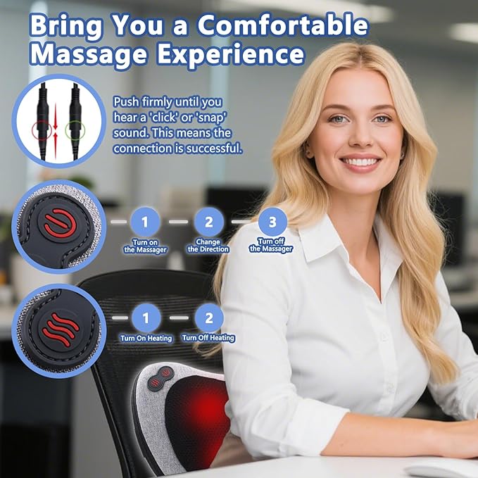 Massage Pillow, Neck and Back Massager with Heat, Shiatsu Massage Pillow for for Back, Shoulder, Leg, Foot, Gift for Men Women Mom Dad, Stress Relax at Home Office and Car - Bloomnest