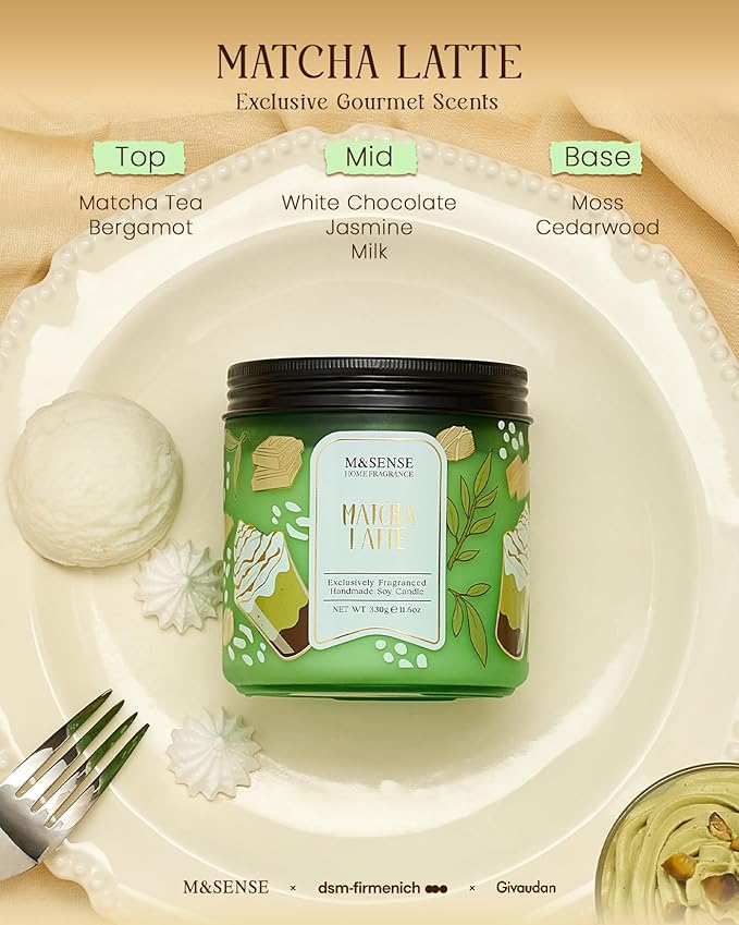 M&SENSE Matcha Latte Scented Candle, 11.6oz Natural Soy Wax, 70 Hours Long Lasting Clean Burn, Green Tea Creamy Aroma for Stress Relief, Non-Toxic Relaxing Aromatherapy Gifts for Women - Bloomnest