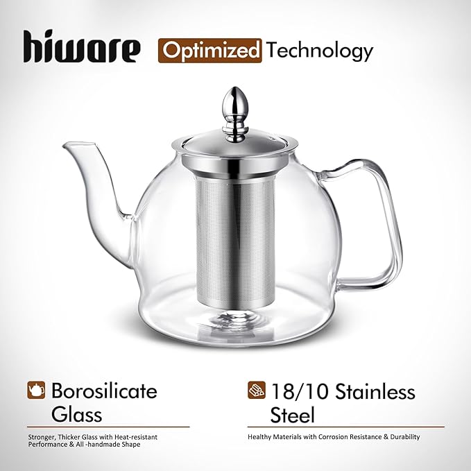 HIWARE 1500ml Glass Teapot with Removable Infuser, Stovetop Safe Tea Kettle, Blooming and Loose Leaf Tea Maker Set - Bloomnest