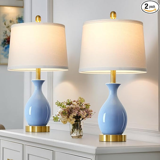 24″ Light Blue Ceramic Table Lamps Set of 2, Modern Classic Bedside Lamps for Bedroom Nightstand, Small Table Lamp for Living Room Side Table (2 LED Bulbs Included) - Bloomnest