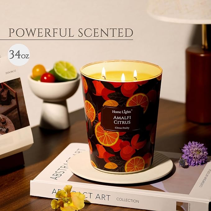 HomeLights 3-Wick Candles for Home Scented - 34oz Soy Wax Blend Candle Long-Lasting Fragrance, Eclectic Mixed Styles Home Decor and Housewarming Gifts, Amalfi Citrus - Bloomnest