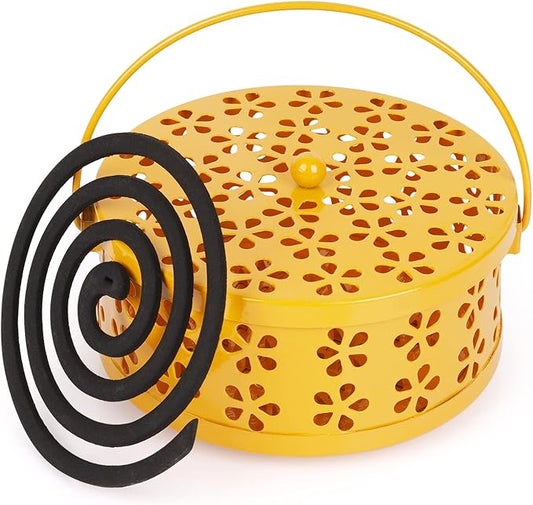 Portable Iron Mosquito Coil Holder with Handle Round Heat-Resistant Incense Holder (Yellow) - Bloomnest