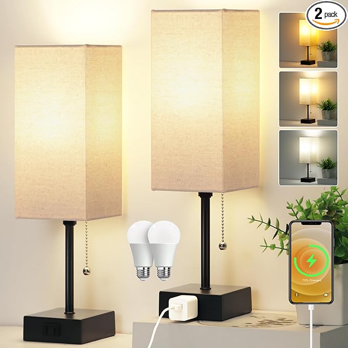 15'' Table Lamp for Bedroom set of 2,3-Color Bedside Lamps with Pull Chain Table Lamps for Night stands with AC Outlet,Small Night Light Lamps with 2 Bulbs Lamps for Living Room Kids Room Office Decor - Bloomnest