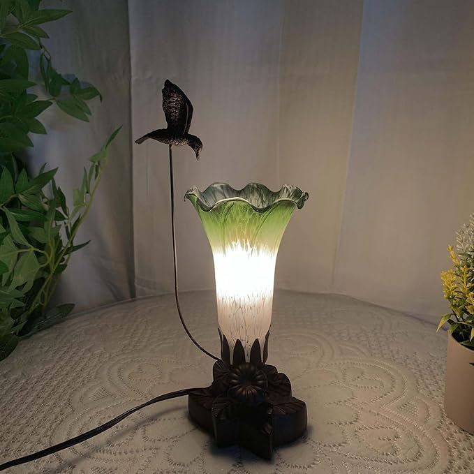 Bieye LL05 Hummingbird Flying Over Lily Flower Blown Glass Table Lamp for Home Decor (White Green, 4.25Wx12H)
