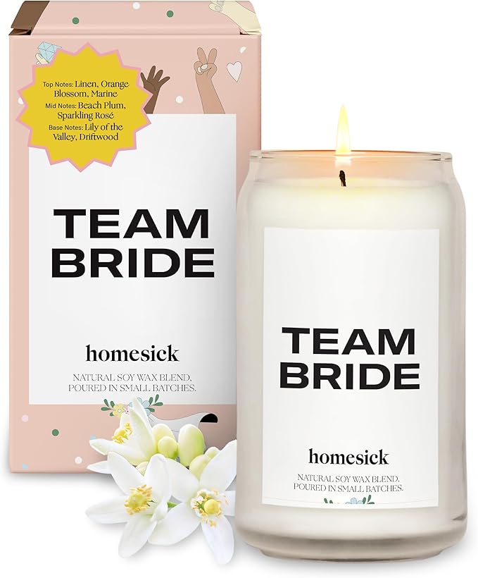 Homesick Scented Candles for Home (Team Bride) - 13.75 oz Long-Lasting Natural Soy Wax Blend Jar Candle Gifts for Women & Men, 60-80 Hours Burn Time - Notes of Linen, Beach Plum & Lily of The Valley - Bloomnest