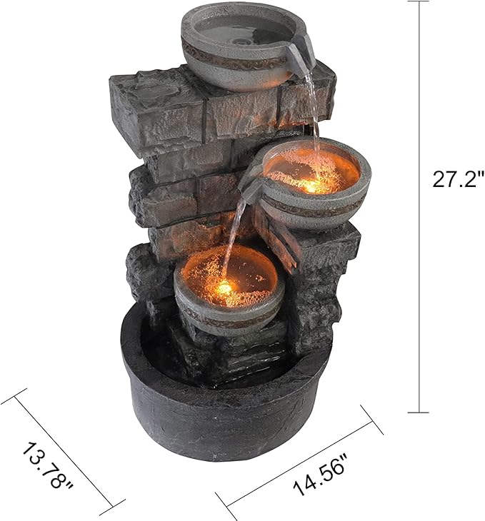 Water Fountian Outdoor - 3 Tiered Bowls Floor Stacked Stone Pump Waterfall Fountain,Provide Flowing Water Feature for Outside Garden,Backyard,Lawn,27 Inch Tall - Bloomnest