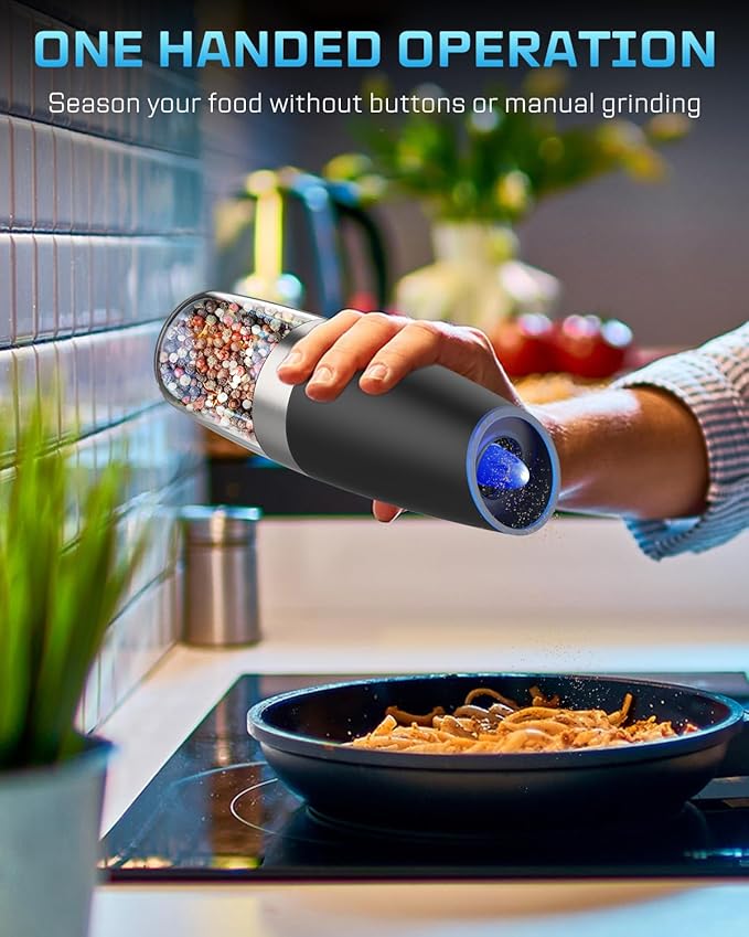 XinXu Gravity Electric Pepper and Salt Grinder Set, Adjustable Coarseness, with LED Light, One Hand Automatic Operation (Set/Black X) - Bloomnest