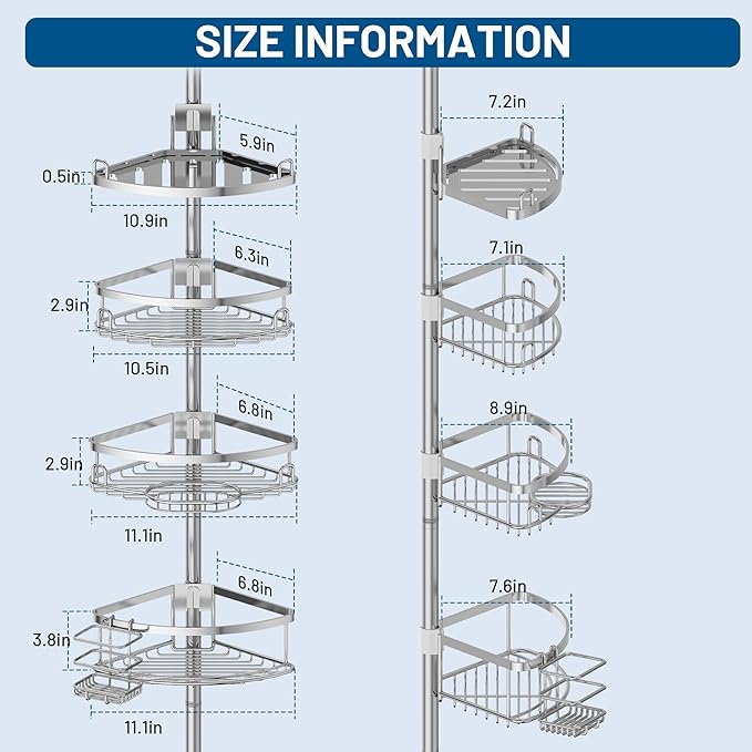 Corner Shower Caddy Tension Pole, 4 Tier Adjustable No Drill Rustproof Large Capacity Space-Saving Shower Shelves Organizer Storage Rack 45.29-119in for Bathroom Bathtub Family Renters, Chrome - Bloomnest