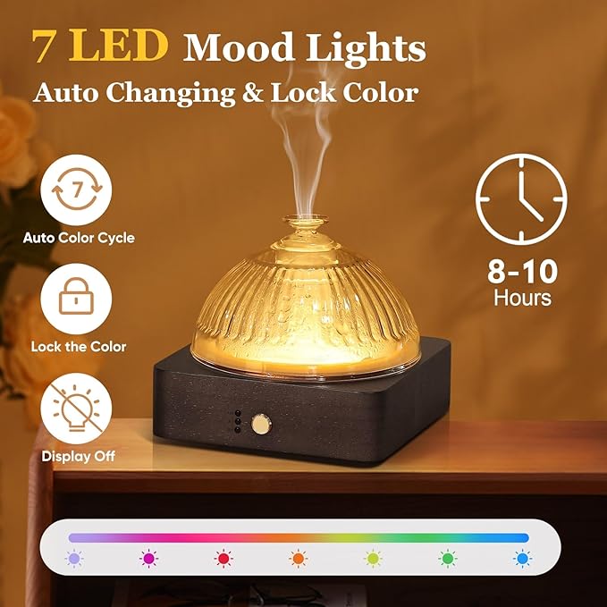 Glass Essential Oil Diffuser with Glass Reservoir & WoodBase, 200ml Ultrasonic Lock Color Timer Auto-Off 7 Color Light Aroma Glass Dome Diffuser for Home Office Bedroom Yoga - Dark Brown - Bloomnest
