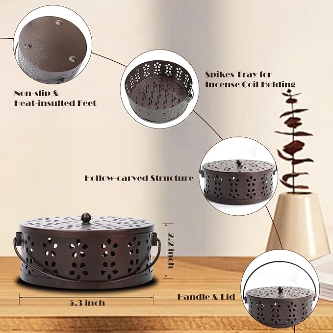 Mosquito Coil Holder 2 Pack Citronella Incense Coil Holder Outdoor Steel Round Mosquito Coil Burner Tray with Handle and Lid (Black/Bronze) - Bloomnest