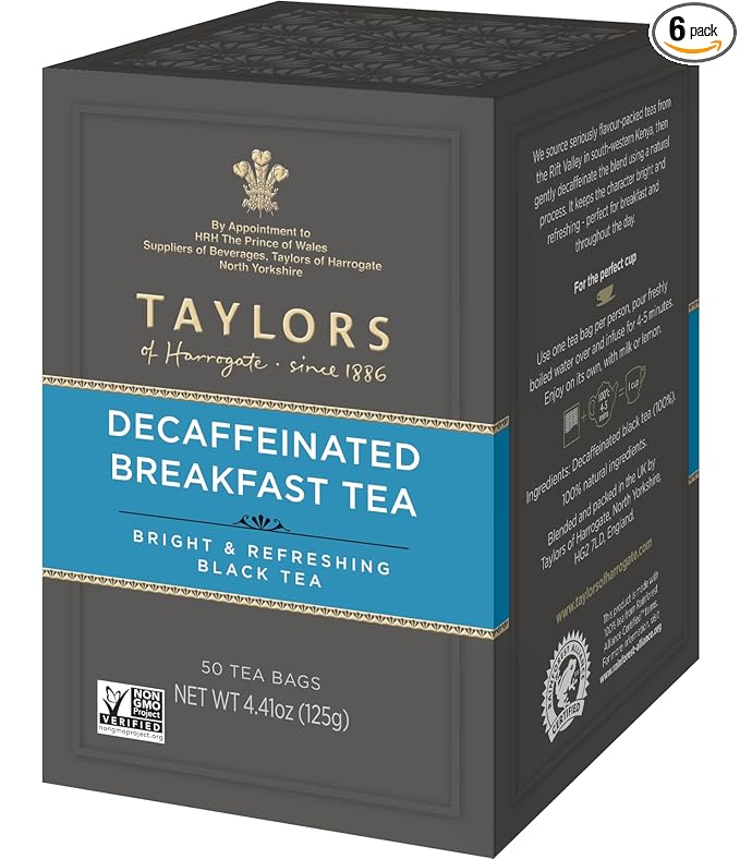 Taylors of Harrogate Decaffeinated Breakfast, Black Tea, Pillow Bags, 50 Count (Pack of 6), Rich, Bright & Balanced, Decaffeinated, Enjoy Hot or Iced, 300 Teabags Total - Bloomnest