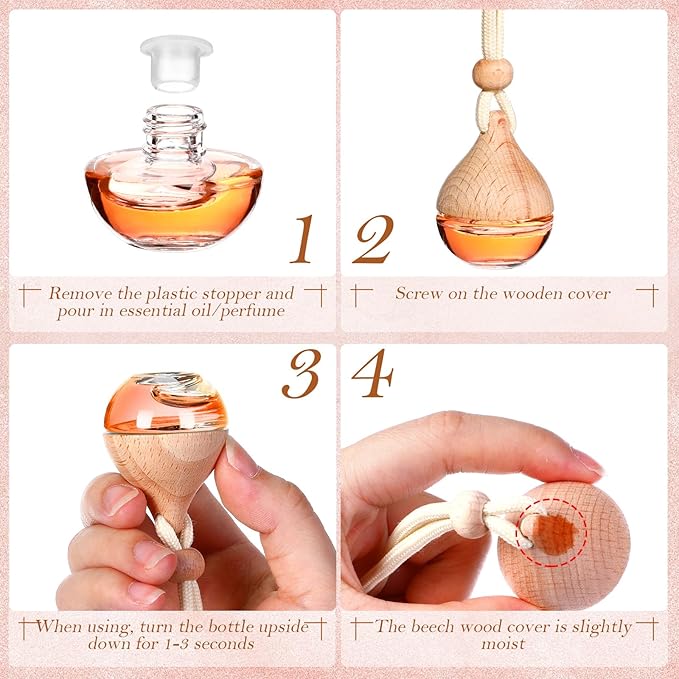 Rtteri 100 Pcs Hanging Car Air Freshener Diffuser Bottles Empty Glass Perfume Diffuser Vials Refillable Oil Aromatherapy Pendant with Wooden Caps and Hanging String for Car Home Office Decor(Drop) - Bloomnest