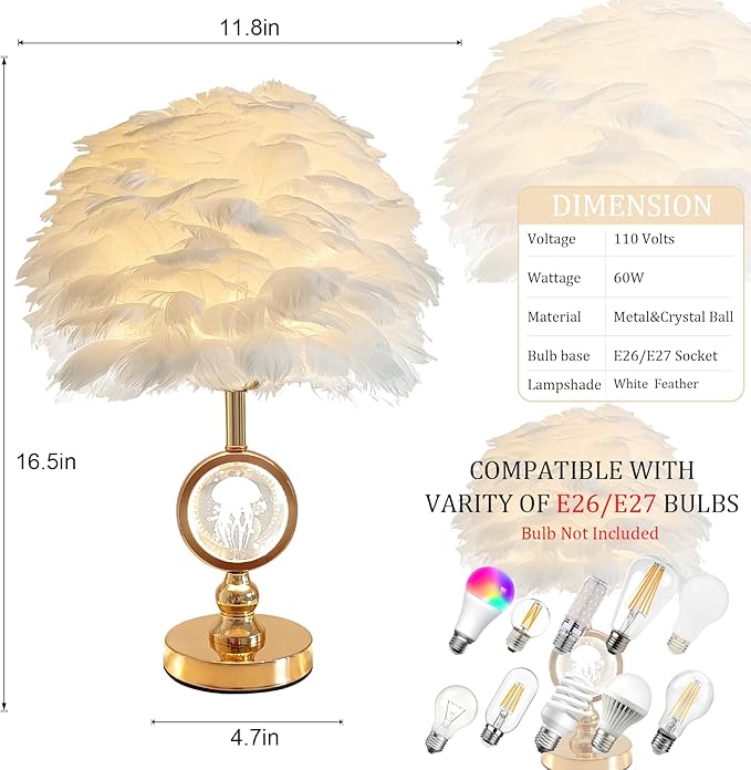 Chic White Feather Lamp Decoration Fluffy Table Lamp Creative Princess Goose Feather Desk Lamp Teen Girl Wedding Bedroom Romantic Bedside Nightstanding Light - Bloomnest