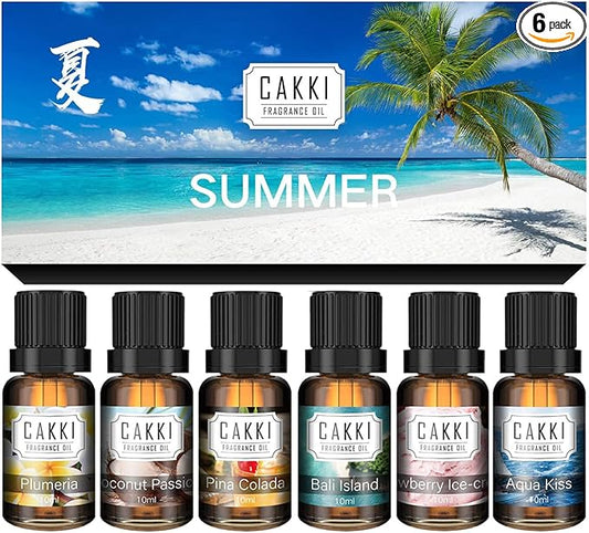 Summer Essential Oils for Diffusers for Home, CAKKI Fragrance Oils Set, 6X10ml with Coconut Passion, Plumeria, Pina Colada, Aqua Kiss, Bali Island, Strawberry, Aromatherapy Oils, for Candles Making - Bloomnest