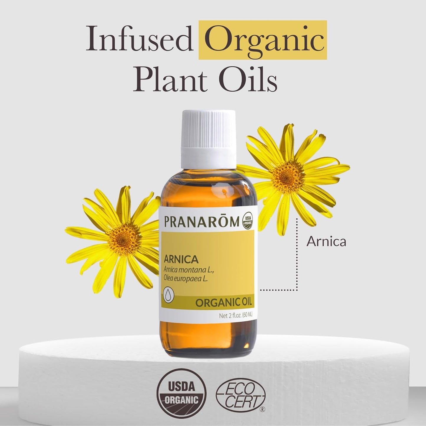 Pranarom - 2 Pack - USDA Certified Organic French Arnica Virgin Plant Oil - 2 fl oz Glass Bottle Each - Massage Oil for Body, Relaxing, Soothing for Joints & Muscles
