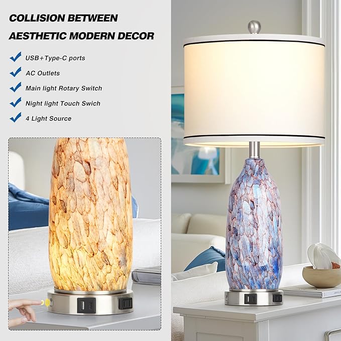 Coastal Lamps with USB A+C Ports & LED Night Light, Unique Seashells Glass Table Lamps with Natural Fabric Shade, Modern Touch Control Beach Bedside Lamp for Living Room Bedroom Nightstand Navy Blue - Bloomnest