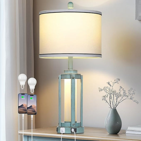 Industrial Farmhouse Table Lamp, 26" Vintage Rustic Beside Lamp with USB A+C Charging Ports & AC Outlet, Nightstand Metal Lamp with LED Night Light & Fabric Shade for Living Room Bedrooms Blue - Bloomnest