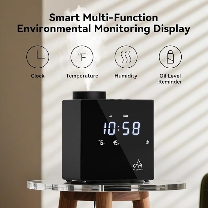 2026 Smart Waterless Diffuser, 2000 Sq.Ft Cold Air Scent Machine with Clock & Environmental Display | 7 Fragrance Levels, 9 Timer Settings, Hotel Collection Diffuser for Home & Large Rooms (Black) - Bloomnest