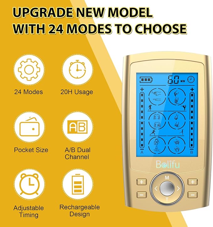 Belifu Dual Channel TENS EMS Unit 24 Modes Muscle Stimulator for Pain Relief Therapy, Electronic Pulse Massager Muscle Massager with 10 Pads, Dust-Proof Drawstring Storage Bag, Fastening Cable Ties Belifu