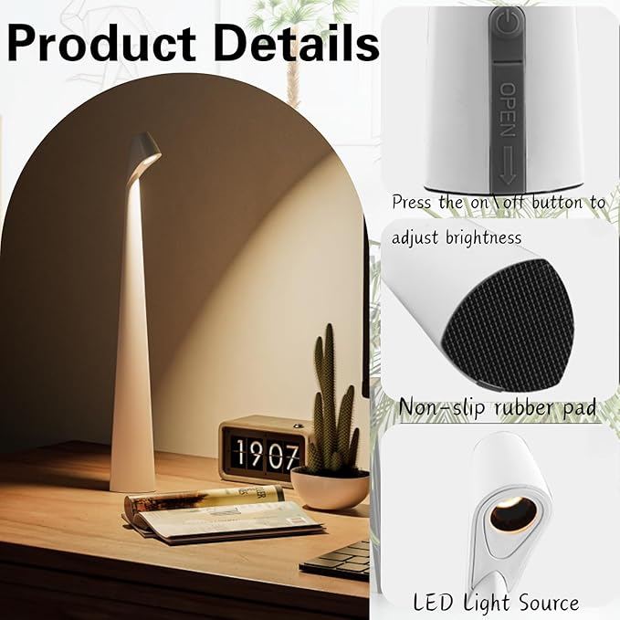 Cordless Desk Lamp, Portable Table Light, Rechargeable Touch Lamp, LED Lamp Battery Operated with 3 Brightness Levels for Bedside Dorm Reading (White) - Bloomnest