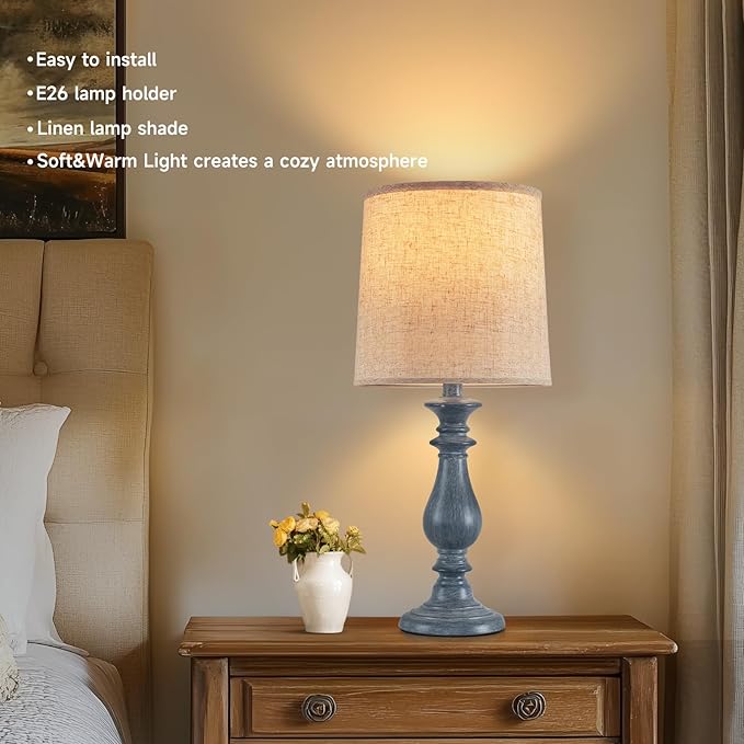 Lamps Set of 2 Vintage Rustic Farmhouse Table Lamps Bedside Reading Lamp Bedroom Nightstand Living Room Teapoy Lamp, Desk Light, 22 Inch High, Navy Blue, with Fabric Shade, Bulb Not Included - Bloomnest
