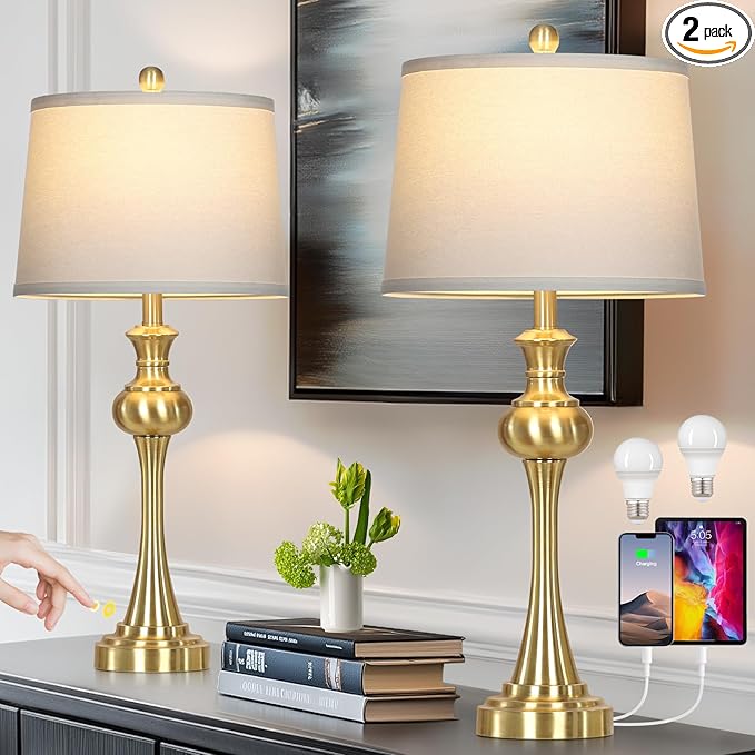 28.75" Modern Table Lamps Set of 2, Gold Bedside Lamp with USB A+C & AC Outlet,Brass Unique Desk Lamps for Living Room, Bedroom, Nightstand, End Table (2 Bulbs Included) - Bloomnest