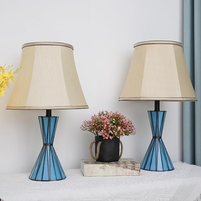 Blue Glass Table Lamps Set of 2 for Living Room 3-Way Dimmable Bedside Desk Lamps with 13 inches White Shade for Living Room Home Office - 2 LED Bulbs Included - Bloomnest