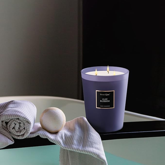 HomeLights Highly Scented Soy Candles Big 33.3 oz for Home. 3 Cotton Wicks, Smokeless Long Lasting 130 hrs in Lilac Blossom. 5x6, Great Gift for Women & Men - Bloomnest