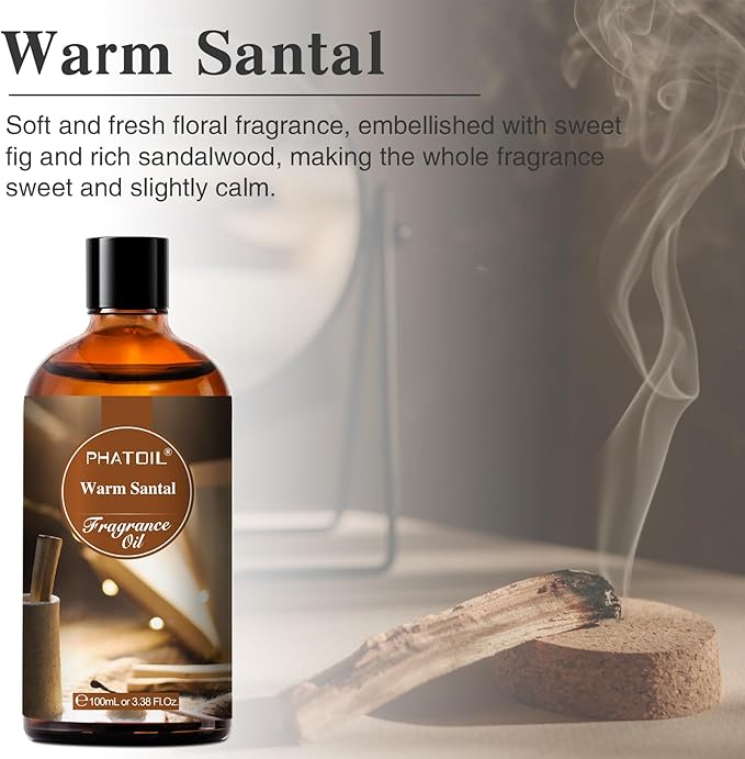 PHATOIL Warm Santal Fragrance Oils for Aromatherapy, 3.38FL.OZ Diffuser Oils for Home, Perfect for Aromatherapy, Humidifiers, Yoga, DIY Candle and Soap Making - 100ml - Bloomnest