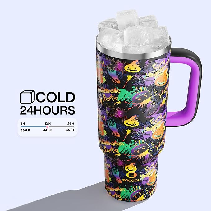 ENCOOL 40 oz Tumbler with Handle and Straw: Stainless Steel Insulated Tumbler Keeps Cold for 24 Hours, Leakproof Travel Cup Fits in Cup Holder and BPA-Free, Ghost Party ENCOOL