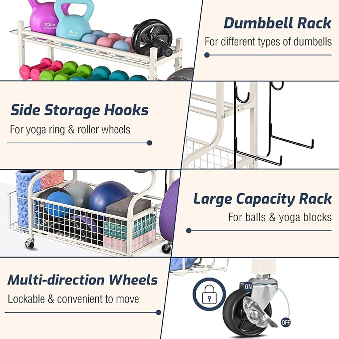 PLKOW Dumbbell Rack, Weight Rack for Dumbbells, Home Gym Storage for Dumbbells Kettlebells Yoga Mat and Balls, All in One Workout Storage with Wheels and Hooks, Powder Coated Finish Steel - Bloomnest