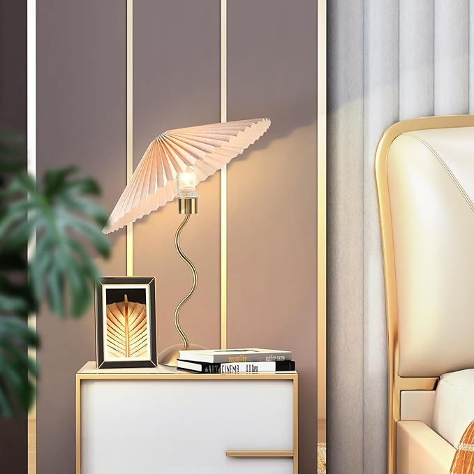 Gold Pleated Small Table Lamp, Brass Modern Bedside Table Lamp for Bedroom, Mini Pleated Lamp Shape, MCM Table Lamp Bedroom Bow Lamps for Nightstand - Bloomnest