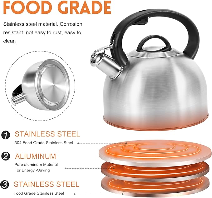 Whistling Stovetop Tea Kettle, 3L Food-Grade 304 Stainless Steel Teapot, Ergonomic Handle,Hot Water Quick Boil,All Metal Stove Kettle Rust Resistant and Durable,With Anti-Scald Towel(Silver) - Bloomnest