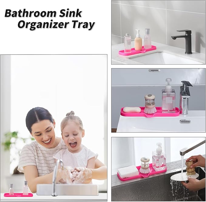 Silicone Bathroom Soap Dishes with Drain Spout-Bathroom and Kitchen Sink Organizer,Sponge Holder,Dish Soap Tray,Perfect for Dispenser,Scrubber,Bottle,Cup on Sink or Counter-Rose 12"×4" - Bloomnest
