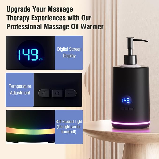 Massage Oil Lotion Warmer, Massage Oil Heater for SPA Massage Therapy and Personal Use, Portable Body Oil Warmer Dispenser with Two Massage Bottles, Adjustable Temperature(86-149°F), Black - Bloomnest
