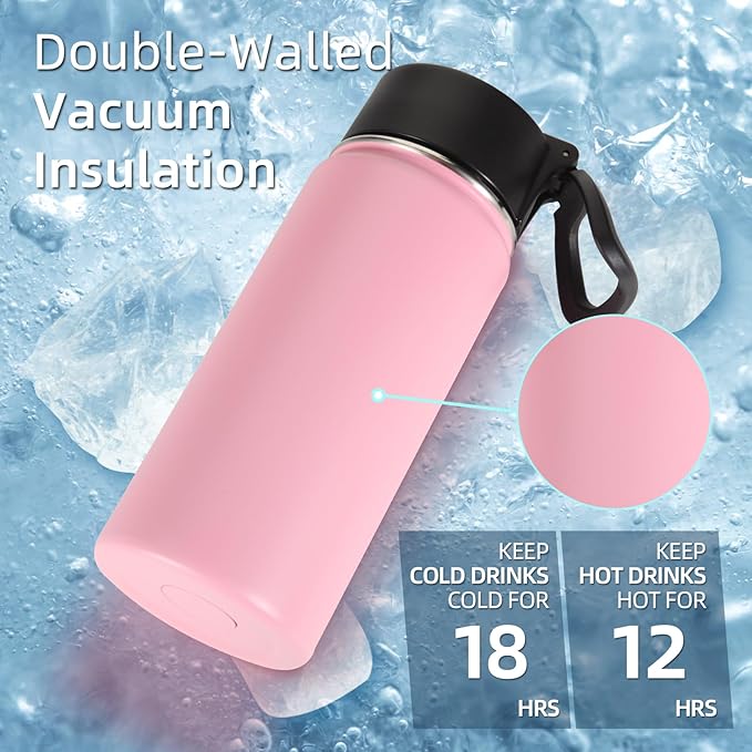 Volhoply 16 OZ Kids Water Bottle Bulk 8 Pack,Insulated Sports Bottles with Straw Lid,Stainless Steel Bottle with Handle Keep Cold & Hot,Double Wall Vacuum Tumbler Cups for School,Girls(Pink, 8) - Bloomnest