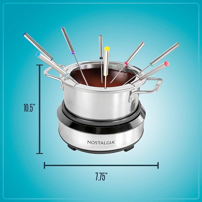 Nostalgia 8-Cup Electric Fondue Pot Set for Cheese & Chocolate - 8 Color-Coded Forks, Temperature Control - Kitchen Gadgets and Appliances for Hors d'Oeuvres and More - Stainless Steel - Bloomnest