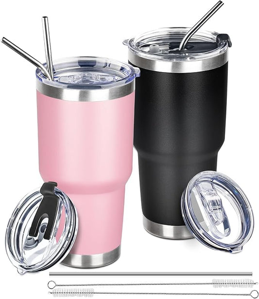 30 oz Tumbler with Lids and Straws Double Wall Vacuum Insulated Tumbler,Stainless Steel Leak-proof Tumbler Cup Powder Coated Travel Coffee Mug for Cold and Hot Drinks,Black Pink,2 pack - Bloomnest